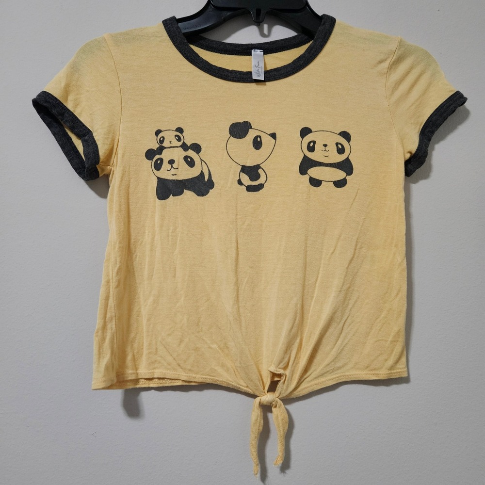 White Fawn Panda Graphic Ringer Tee Yellow Short‎ Sleeve Tie Front Top Small